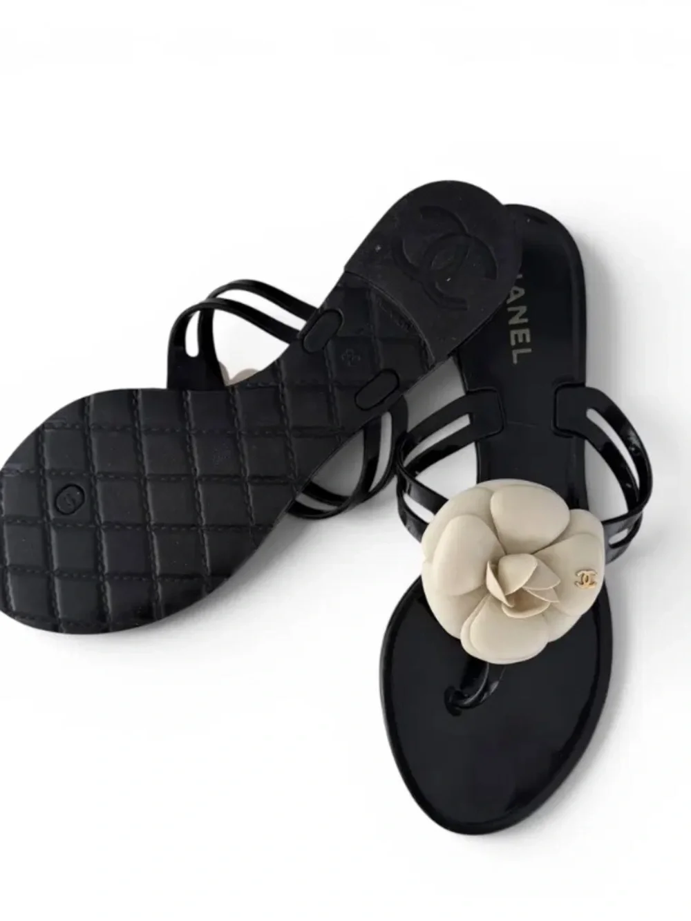 CHANEL Black Sandals with Cream Camellia Floral Accent